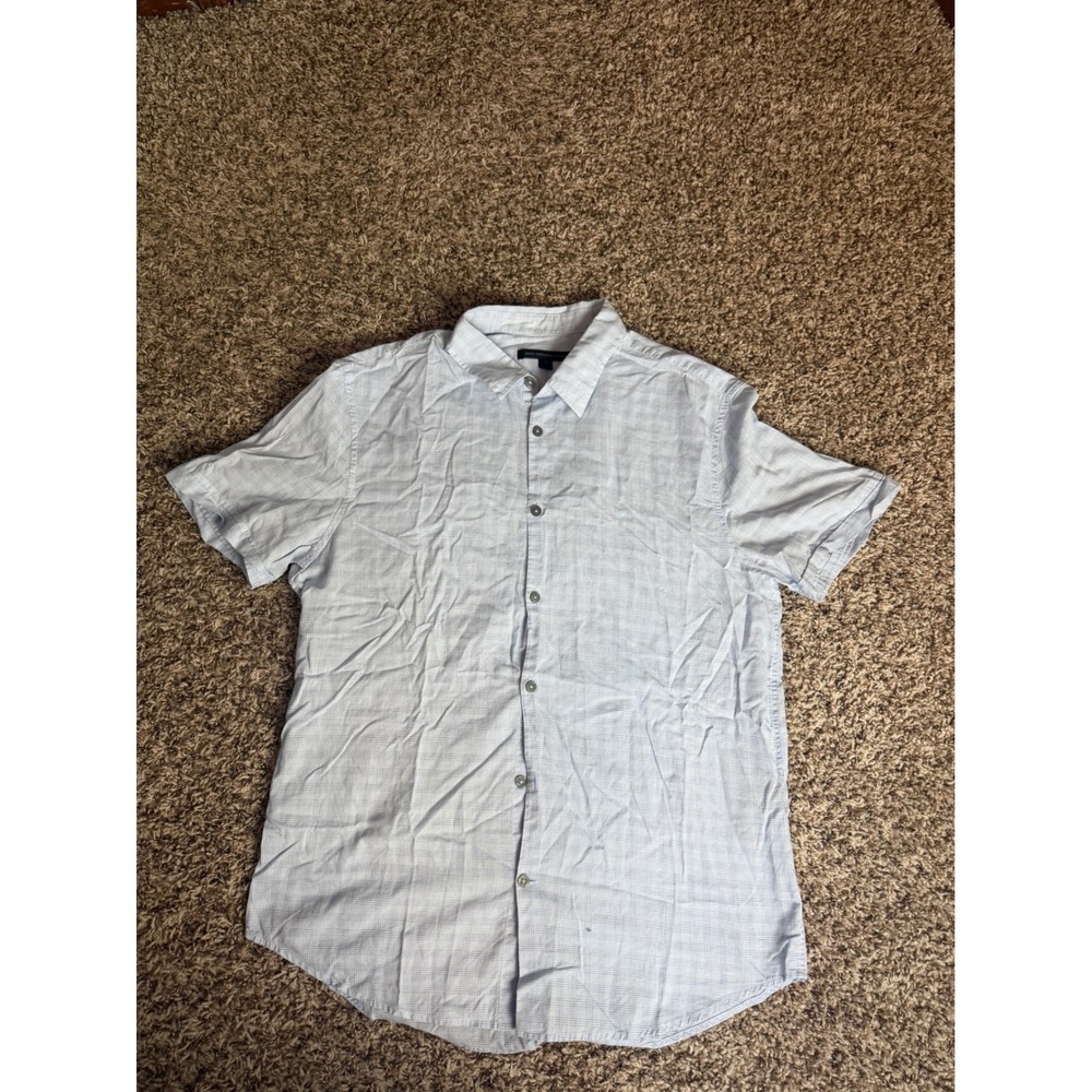 John Varvatos USA Mens Light Blue Grid Check Cotton Short Sleeve Shirt Medium